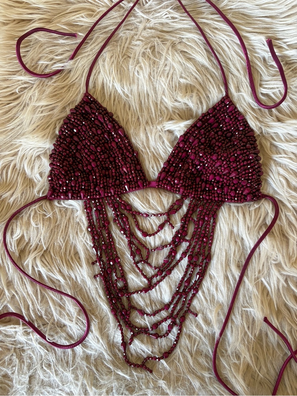 Rare Beaded Burgundy Triangle Halter Top
